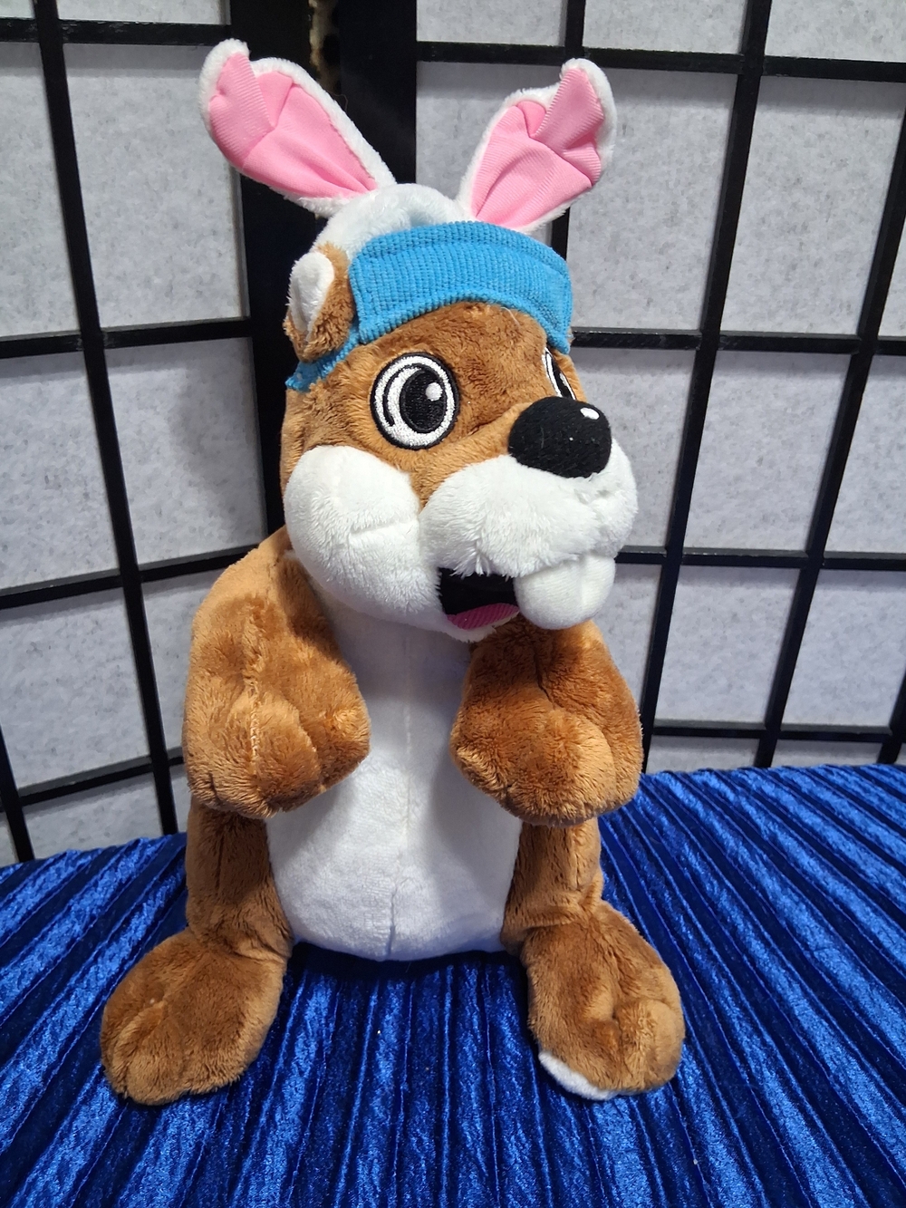 Plush Bunny-Eared Brown & White Character Hat Toy with Blue Beanie